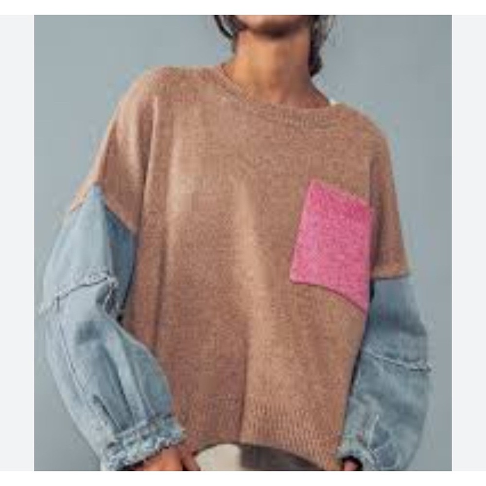 Dreamers By Debut Mixed Media Sweater Women's M/L Colorblock Denim Sleeves Boho - Picture 3 of 9